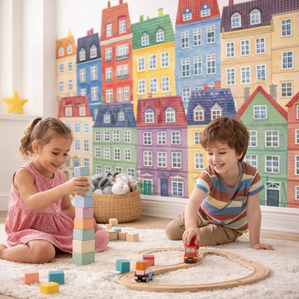 Large Village Kit Wall Decal for Kids Bedroom - Copenhagen Buildings Rooftop Watercolor Decoration - Girls Boys Room Art Mural Vinyl Sticker
