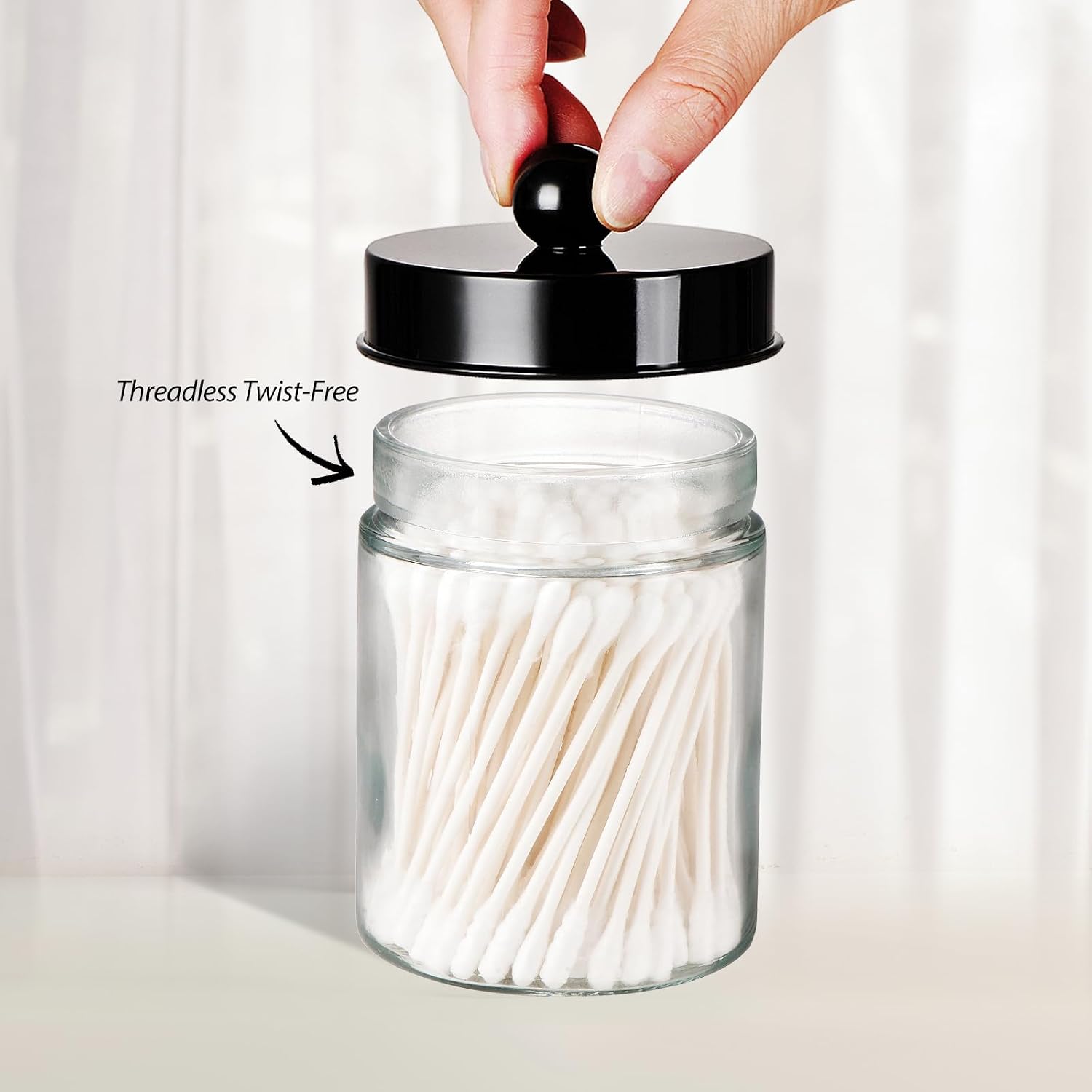 3PC Farmhouse Decor Qtip Holder Apothecary Jars Bathroom Vanity Storage Organizer -Countertop Canister Container &Cute Stickers for Cotton Swab, Ball,Pad,Floss,Paper Clips (Black)