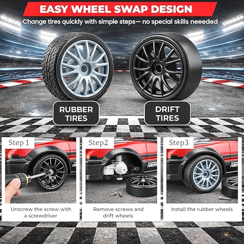 Image of 2.4GHz Remote Control Rally Drift Car Toy for Kids with LED Lights - 4WD 15Kmph RC Drifting Car with Extra Rubber Tires, Cones Barriers & Rechargeable Battery - Color and Design As Per Stock