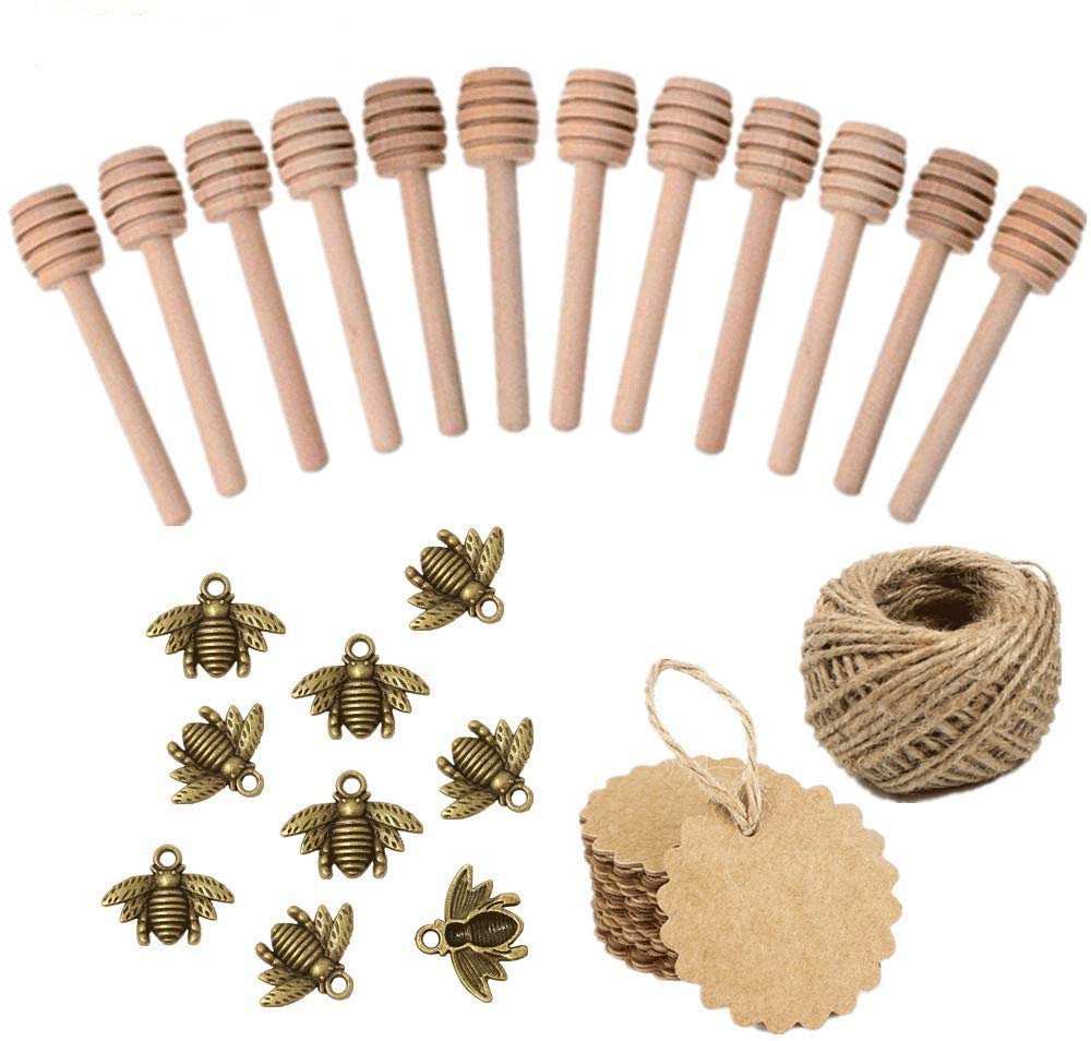 50 pezzi vintage bronzo ape con occhielli+50 cucchiai di miele in legno + 50 etichette in carta kraft + 20 m di filo per bicchieri di miele, decorazione fai da te come bomboniera per
