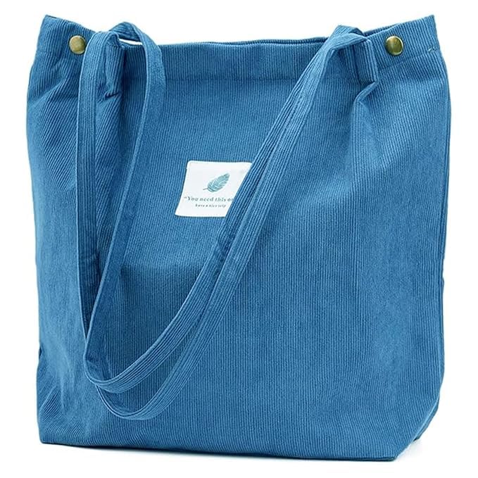 Pinopza Women Corduroy Shoulder Tote Bag for Work Beach Travel and Shopping Grocery (Blue)-image-10