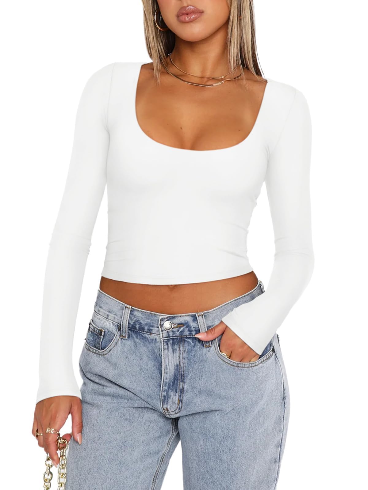 REORIA Women's Long Sleeve Scoop Neck Shirts Slim Double Lined Fashion Layering Fall Basic Crop Tops