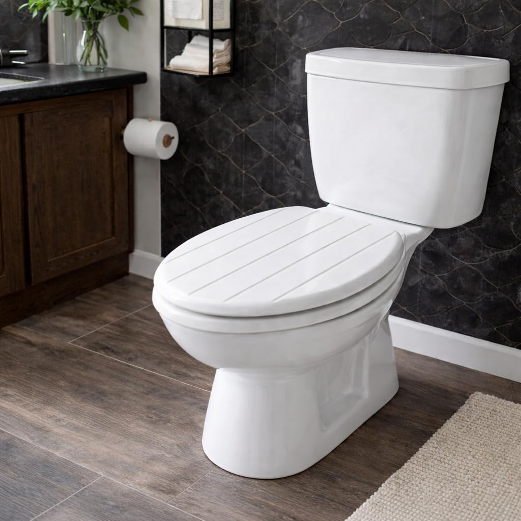 Wooden Toilet Seat with Unique Design 18 Inch MDF Wood Toilet Seat Replacement Bathroom WC Seat Easy to Clean Fixing Included. (White)
