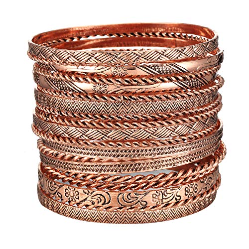 ENSOUL New Fashion Antique Copper Flower Mixed Metal Aztec African Indian Vintage Multi Bangle&Bracelets For Women Set of 19