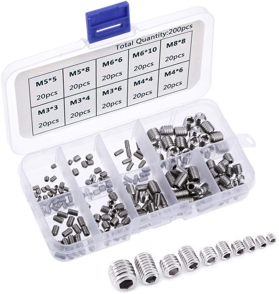 Yakamoz 200Pcs M3 M4 M5 M6 M8 Hex Allen Head Socket Grub Screw Set Stainless Steel Cup Point Metric Screws Assortment Fasteners Kits