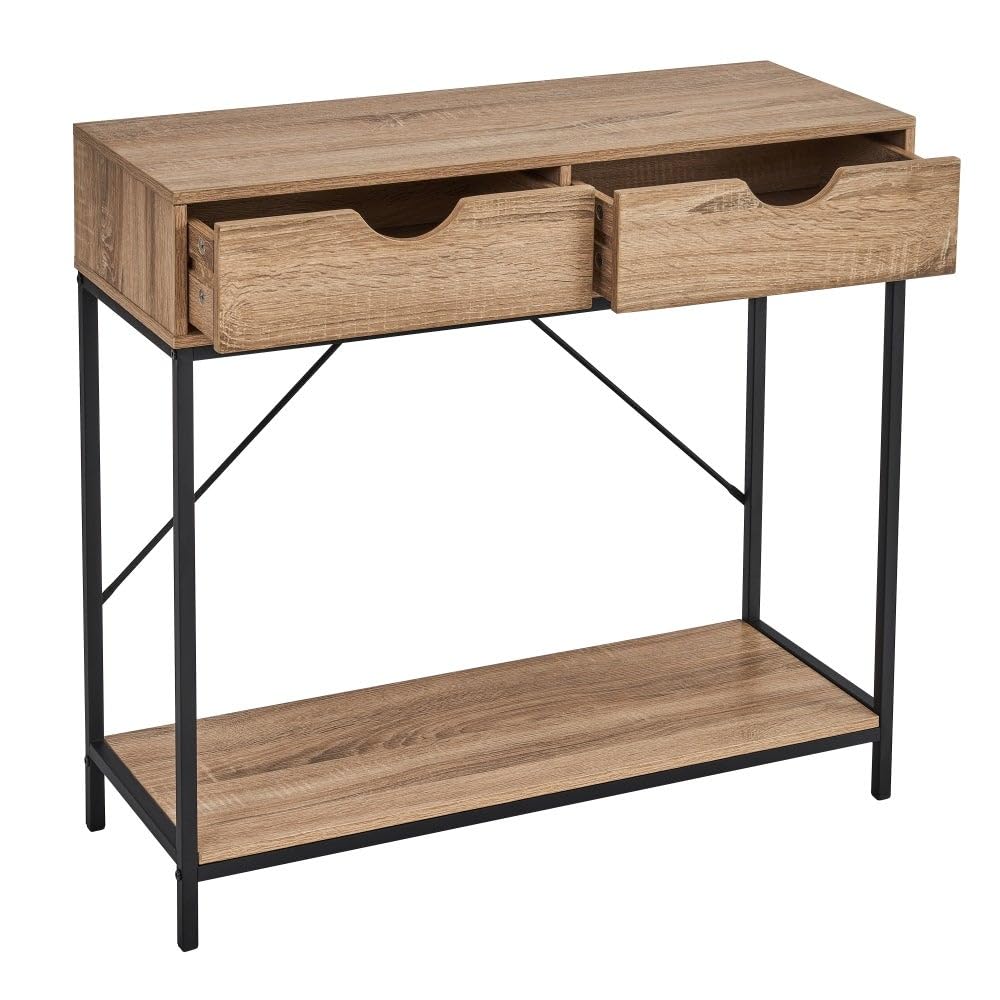 LOLAhome - Consola Urban Laminado Natural con 2 cajones y Estante de 80x75x30 cm. Estilo Industrial Robusto Que combina Madera y Metal Negro para organizar tu Entrada con Las Tendencias.