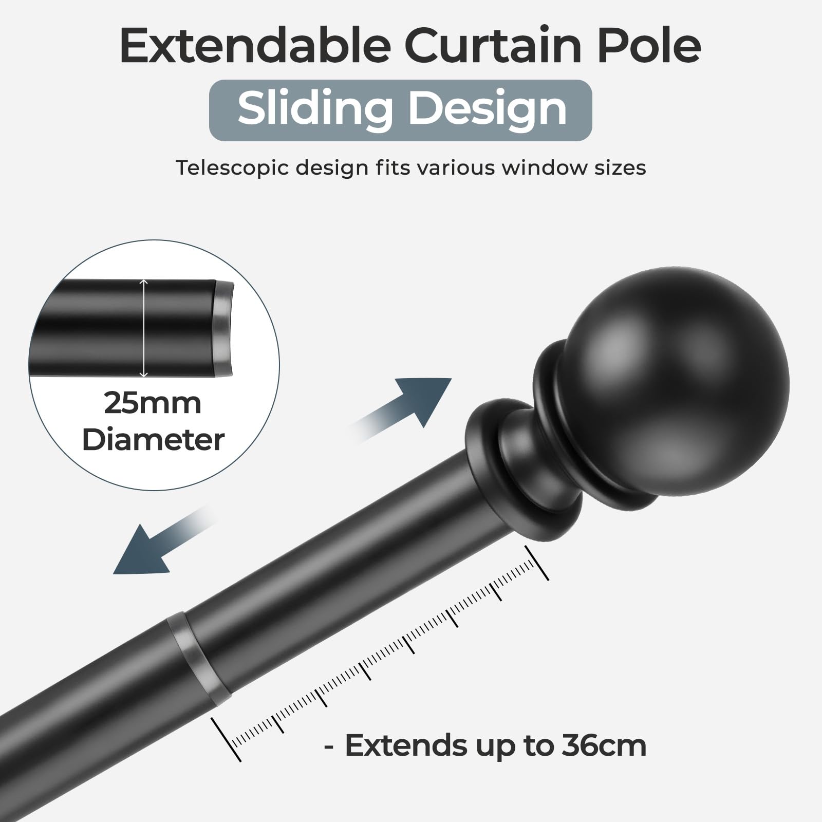 Tringle à rideaux à œillets extensible Noir 25 mm 80-305 cm | Tringles à rideaux robustes, charge de 15 kg, tringle à rideaux intérieur/extérieur, support mural/plafond, supports inclus