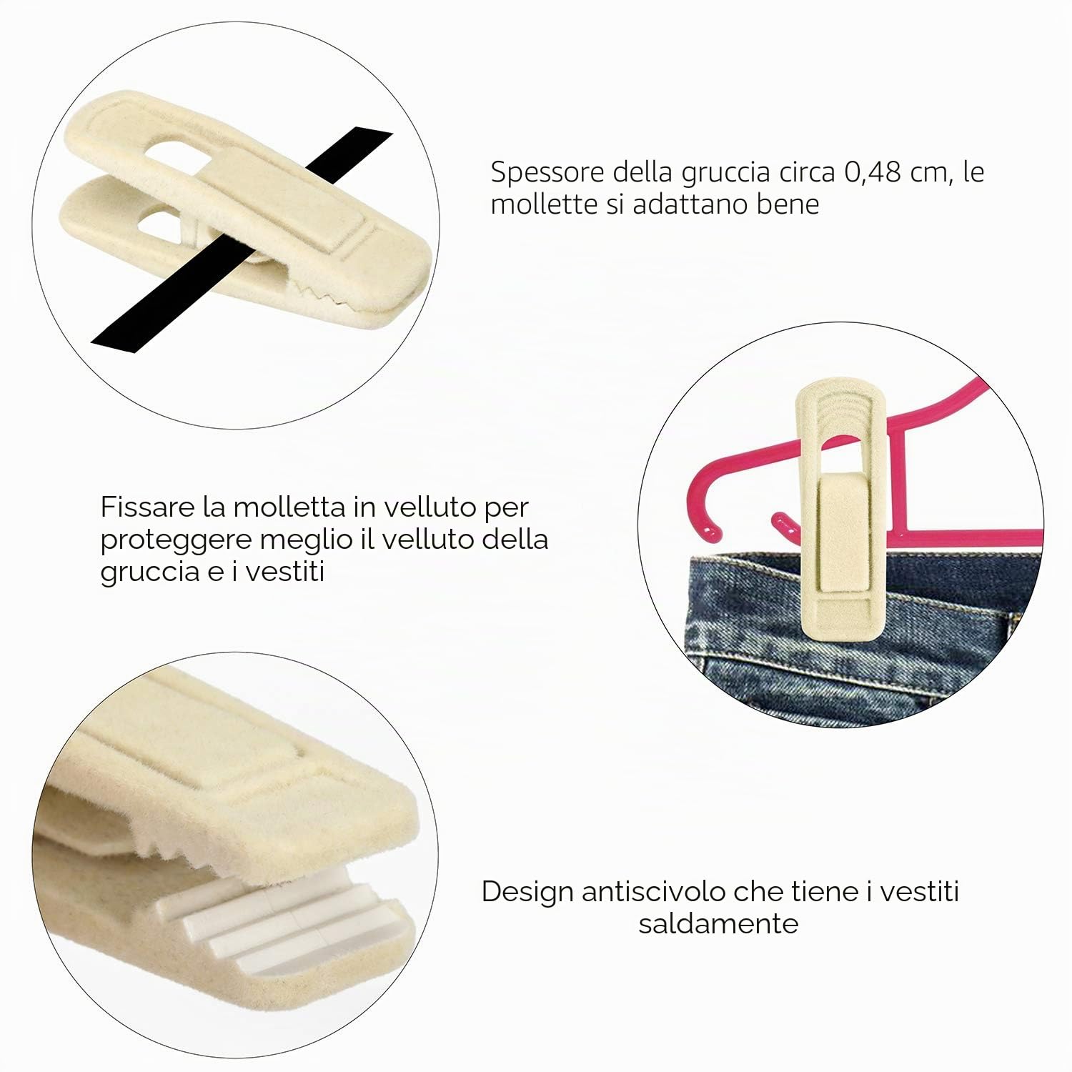 Tinfol Fermagli per appendini in velluto, colore beige, 50 pezzi, per appendini sottili