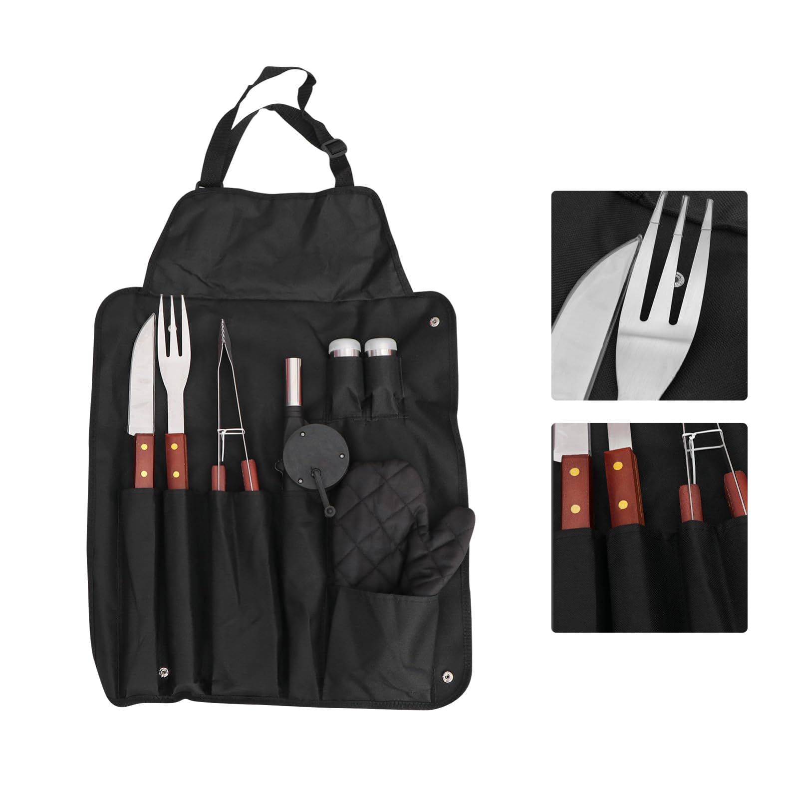 Set Utensili Barbecue 8 Pezzi in Acciaio Inox e Legno Nero | Design Compatto, Borsa Inclusa, Adatto per Campeggio e Uso Outdoor, Salvaspazio