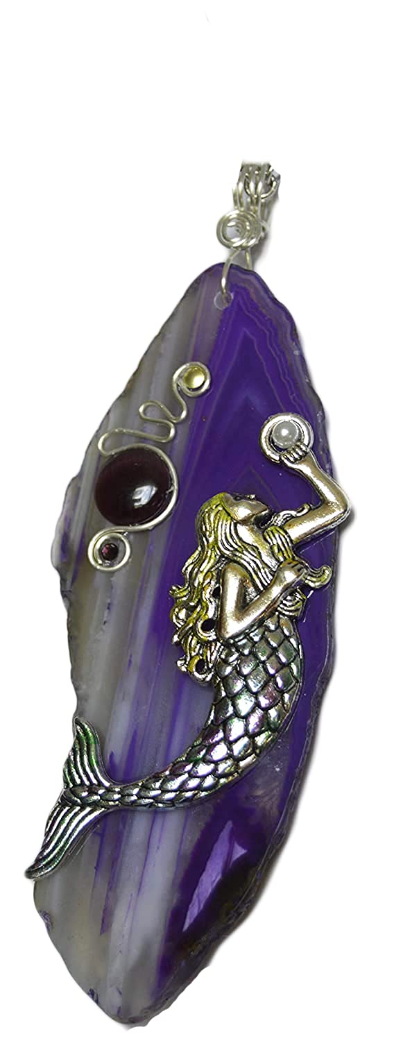 Mermaid mystical fantasy Purple color Agate stone slice gemstone pendant with cats eye cab, wire work necklace jewelry