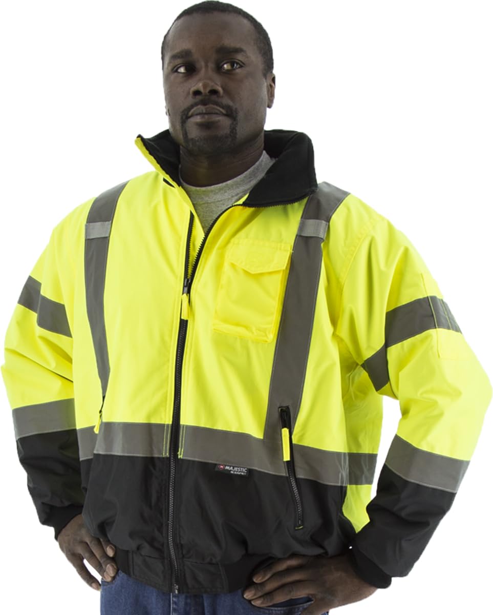 Majestic 75-1311/X2 High Visibility Yellow Waterproof Jacket with Removable Fleece Liner, Elastic Waist, Wrist, and Collar for Warmth, Inner and Outer Pockets, Meets ANSI 3 Type R Standard, 2XL