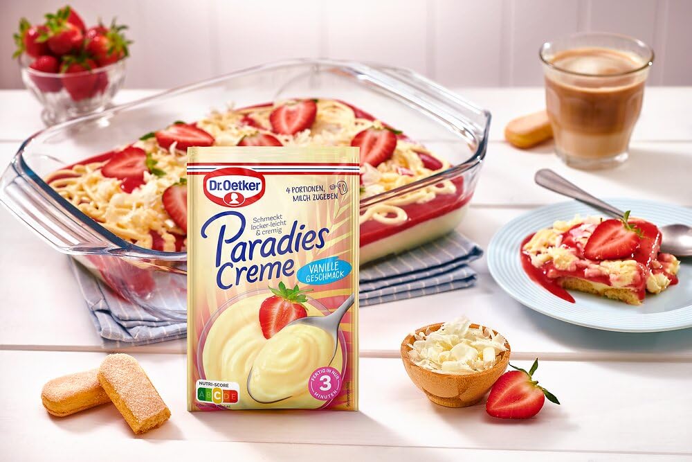 Dr. Oetker Paradies Creme im 21er Probier-Set Cremiges Dessert ohne Kochen, in unseren Sorten Vanille, Schokolade, Stracciatella, Nougat, Weiße Schokolade, Sahne-Karamell und Amarena Kirsch