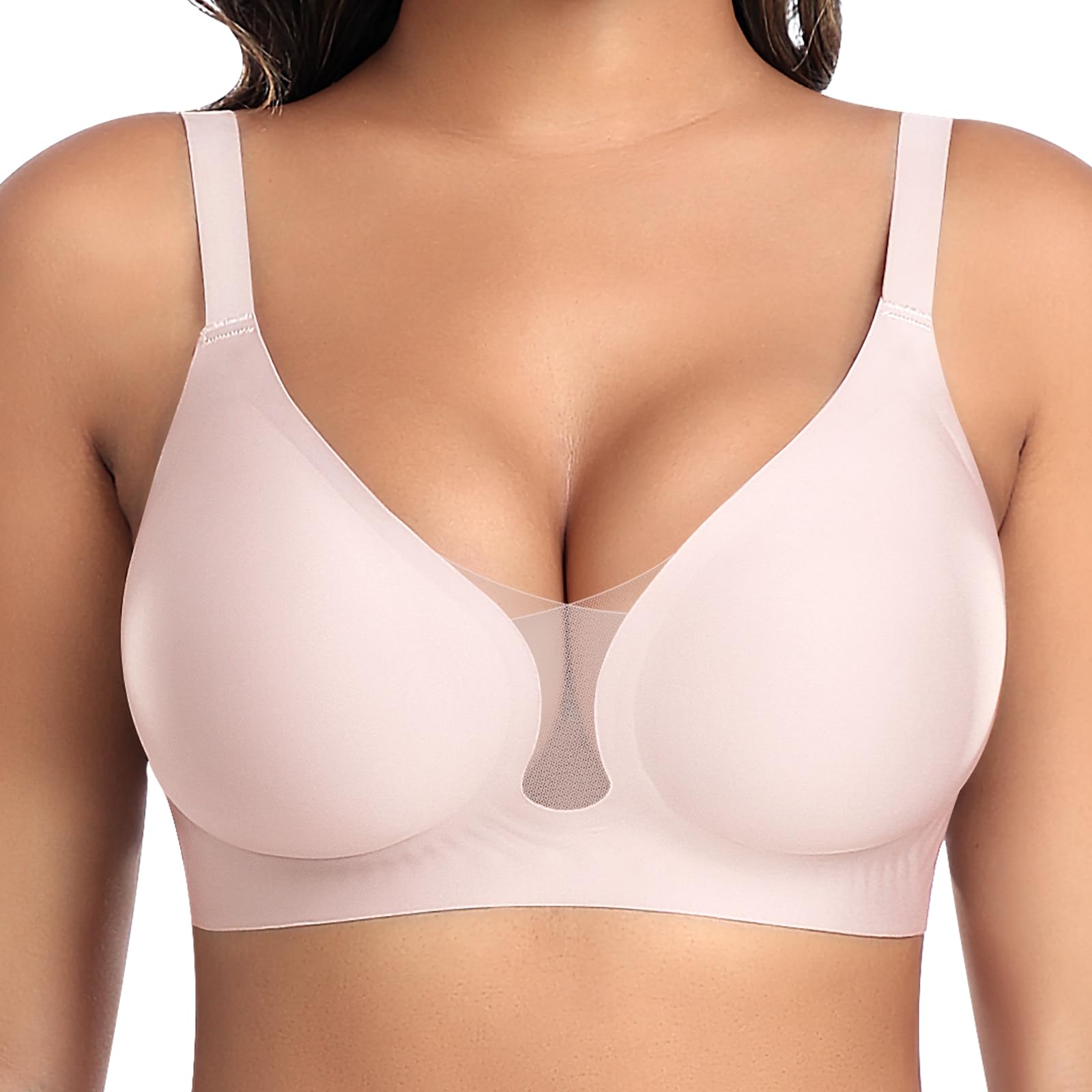 BH Damen Ohne Bügel Nahtloser Glatter Weicher BH Modische Spitze Mesh Tiefes V-Ausschnitt Bequemer BHS Gepolsterter BHS Bustier Bügellos Soft Bra Seamless Bralette T-Shirt