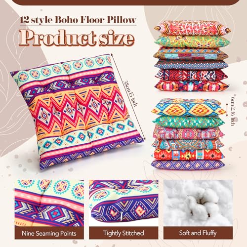 Nuogo 12 Pcs Bohemian Floor Pillows Seating Boho Floor Cushions Sitting Pillows for The Floor Yoga Mandala Meditation Pouf for Living Room Balcony Office Tatami(Square) - Image 3