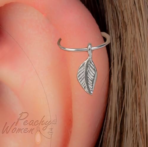 Vista 2 de Tiny Leaf Charm Cartilage Ring Piercing - 22 Gauge 925 Silver Helix Hoop With Leaf Pendant - Handmade Ear Jewelry