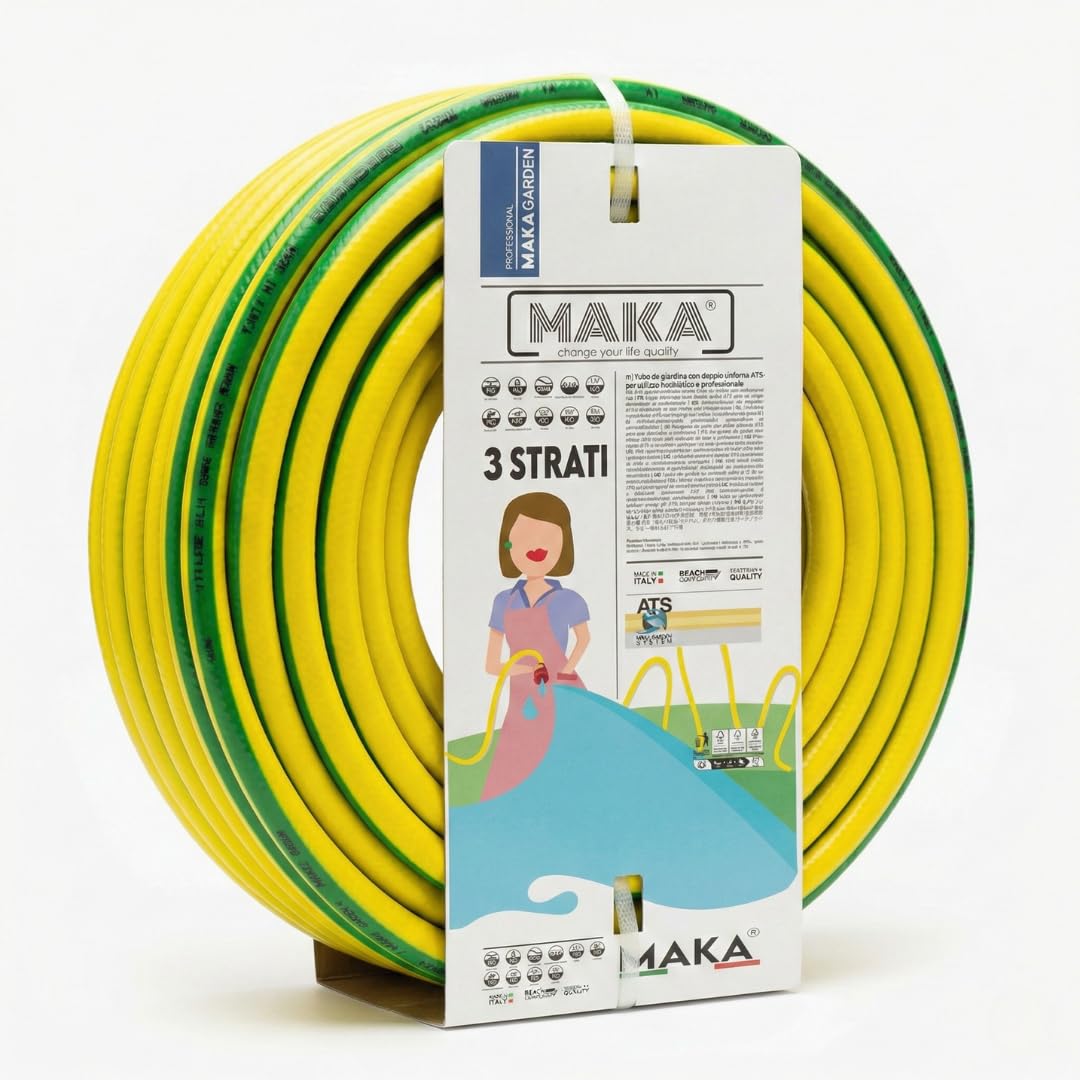 MAKA Tubo per Acqua Giardino 50 metri 5/8 Pollice 3 Strati Pressione 20 Bar Flessibile, Canna Acqua Giardino, Doppio Rinforzo Tessile Retinato Magliato Resiste a Caldo Gelo UV 4 Stagioni