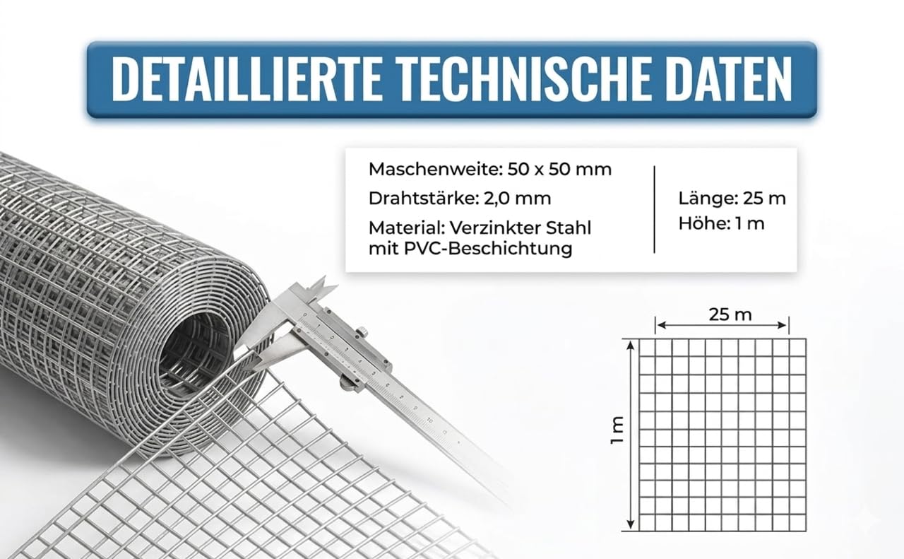 Drahtgitter 1m x 25m (Maschenweite 50 x 50 mm) – Verzinktes Drahtgitter – Rostbeständiger, robuster Maschendrahtzaun für Gartenschutz, Gehegebau, Hühner & Kleintiere