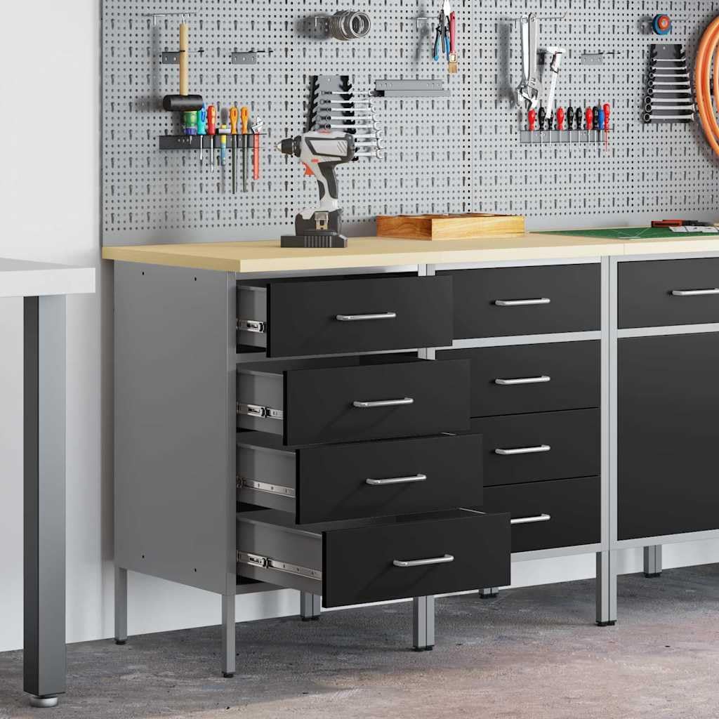 Banco da Lavoro, Tavolo da Lavoro Garage, Banco da Lavoro Officina, Armadio da Lavoro 2 Pezzi in Legno Ingegnerizzato e Acciaio Nero e Grigio