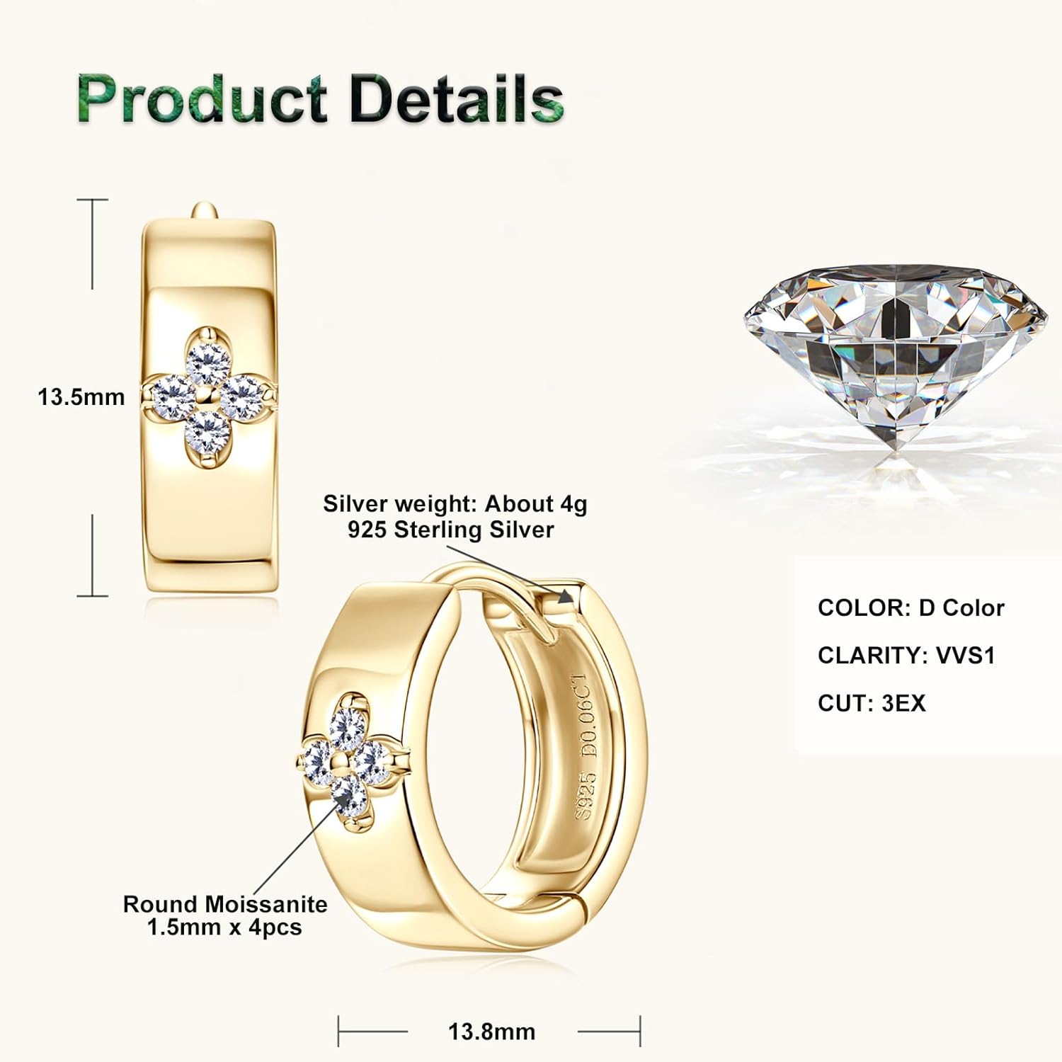 Clover Moissanite Hoop Earrings for Women, D Color VVS1 Clarity 925 Sterling Silver 18K Gold Plated Earrings for Birthday Wedding Holiday Jewelry Gifts - Image 3