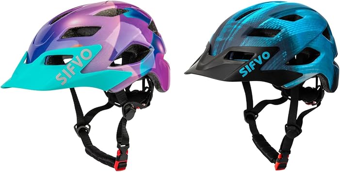 2 Pack Kids Helmet, SIFVO Boys and Girls Bike Helmet with Cool Visor Helmet for Kids 5-14, Adjustable & Lightweight 50-57cmPurple+Cool Ray