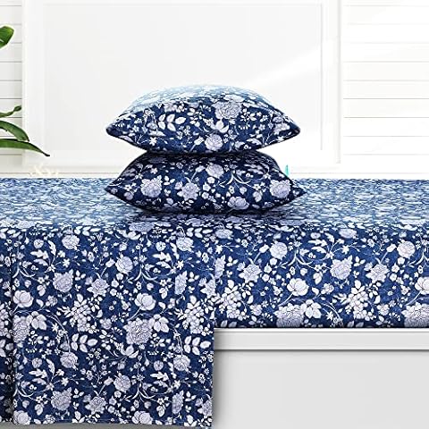 Azores 300 Thread Count Organic Cotton Deep Pocket Bed Sheet Set, Fits up to 19 Inch Mattress - Queen, Kate/Dark Blue Cover