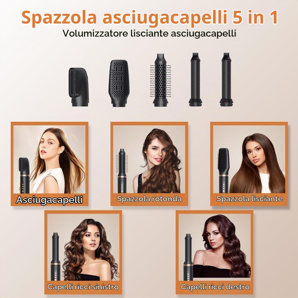 Aolso Spazzola Asciugacapelli 5 in 1,Spazzola Rotante per Capelli con Spazzole Lisciante,Spazzole Elettrica per Capelli per Asciugatura con Phon, Styling Liscio, Ricci,Rivestite in Ceramica