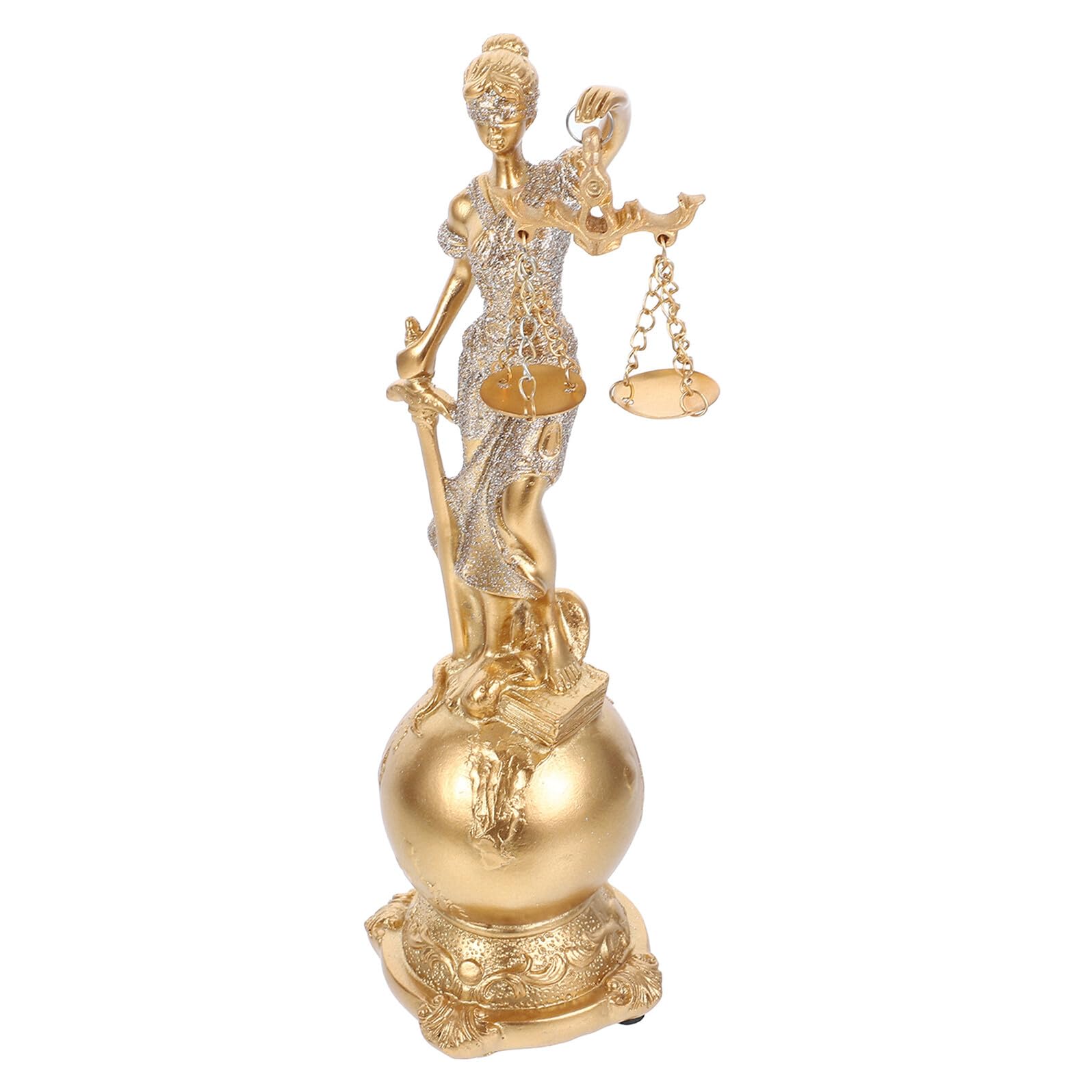 Statue déesse Justice en résine dorée sur socle rond