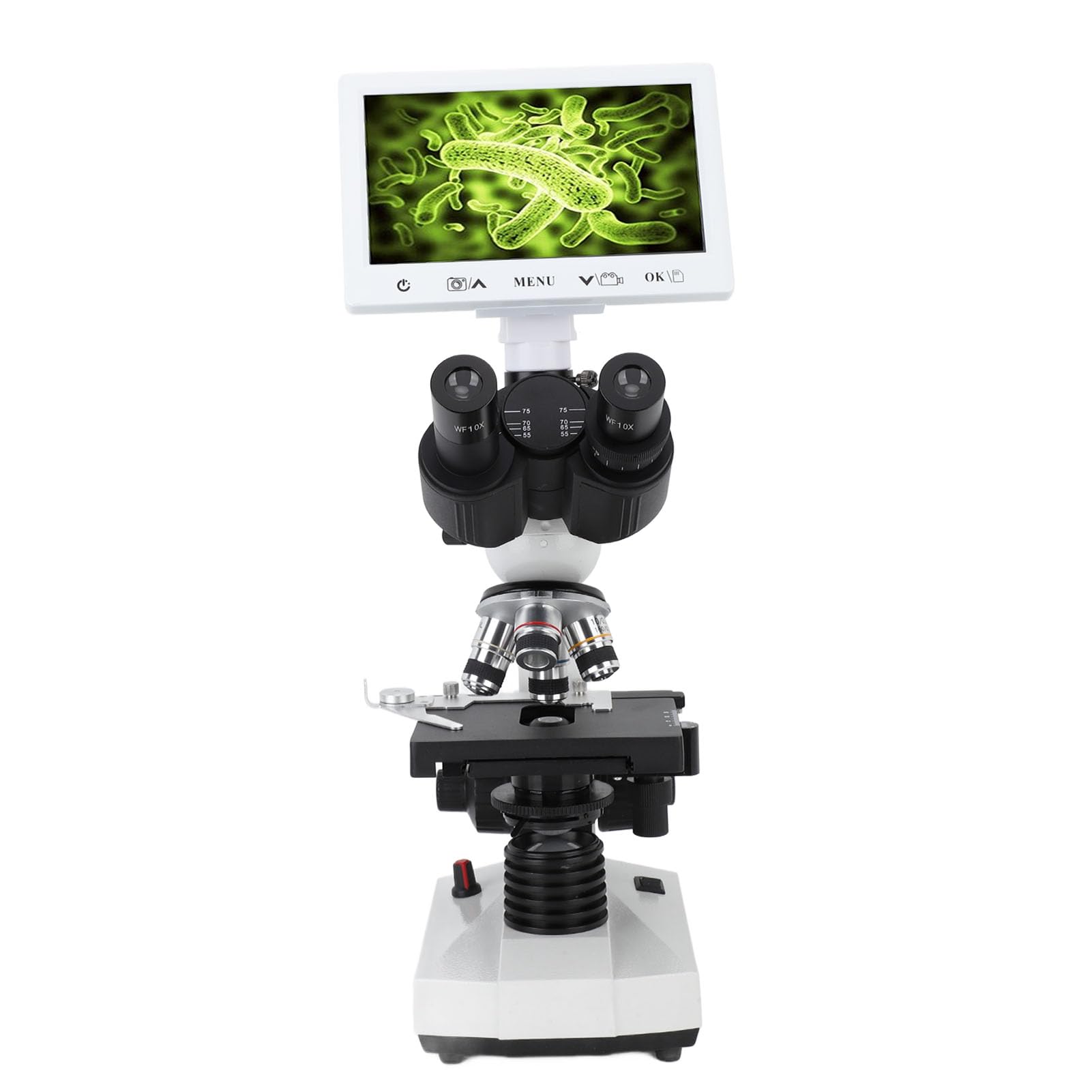 Microscopio Trinocular Pantalla de 7 Pulgadas Microscopio Biológico con Aumento de 40X a 1600X con Plataforma Mecánica para Tomar Fotografías Grabar Tarjeta de Memoria (Enchufe