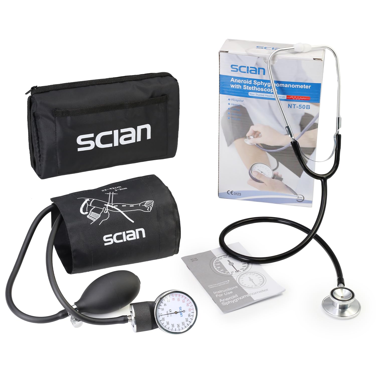 Scian Tensiómetro manual manguito de brazo 22–42 cm con estetoscopio de doble cabeza y estuche de transporte enfermera, médico, mayores, uso doméstico (negro)