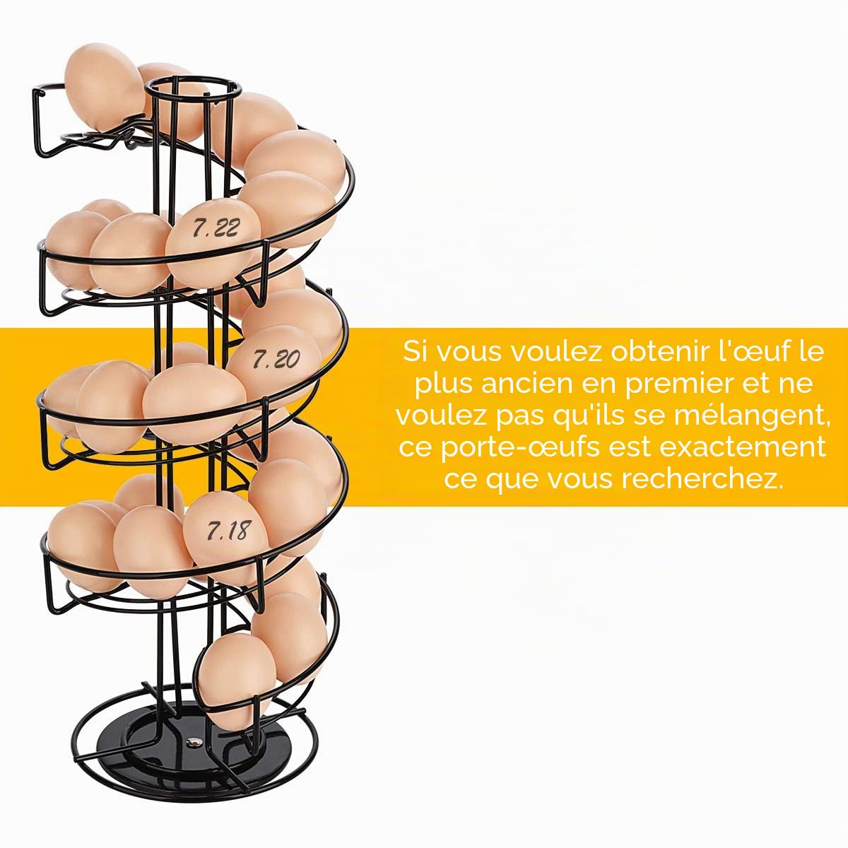 Toplife Distributeur Oeuf, Distributeur Oeuf Spirale Rangement Contient Environ 30-36 Oeufs, Support à Oeufs Peut Ranger et Marquer dans l'ordre - Noir