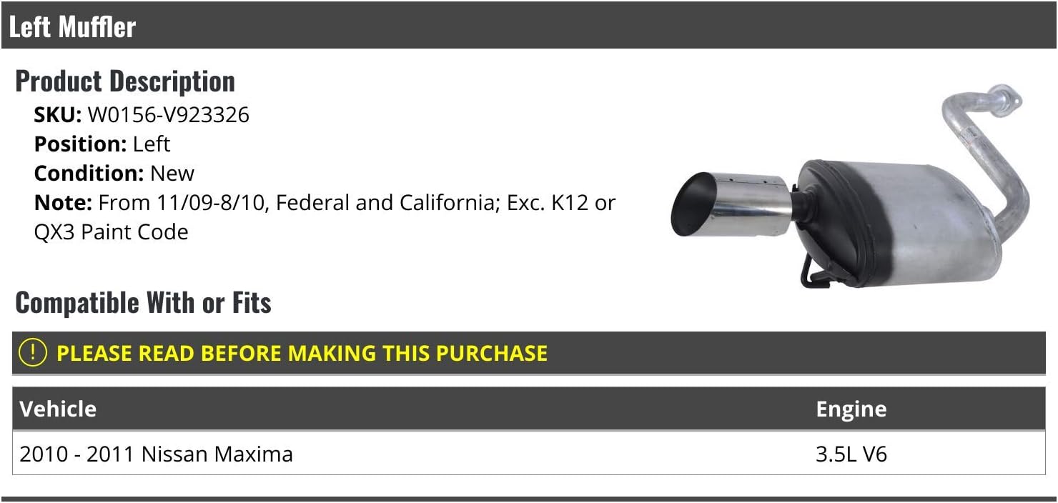 Left Driver Side Muffler - Compatible with 2010-2011 Nissan Maxima 3.5L V6 (From 11/09-8/10)