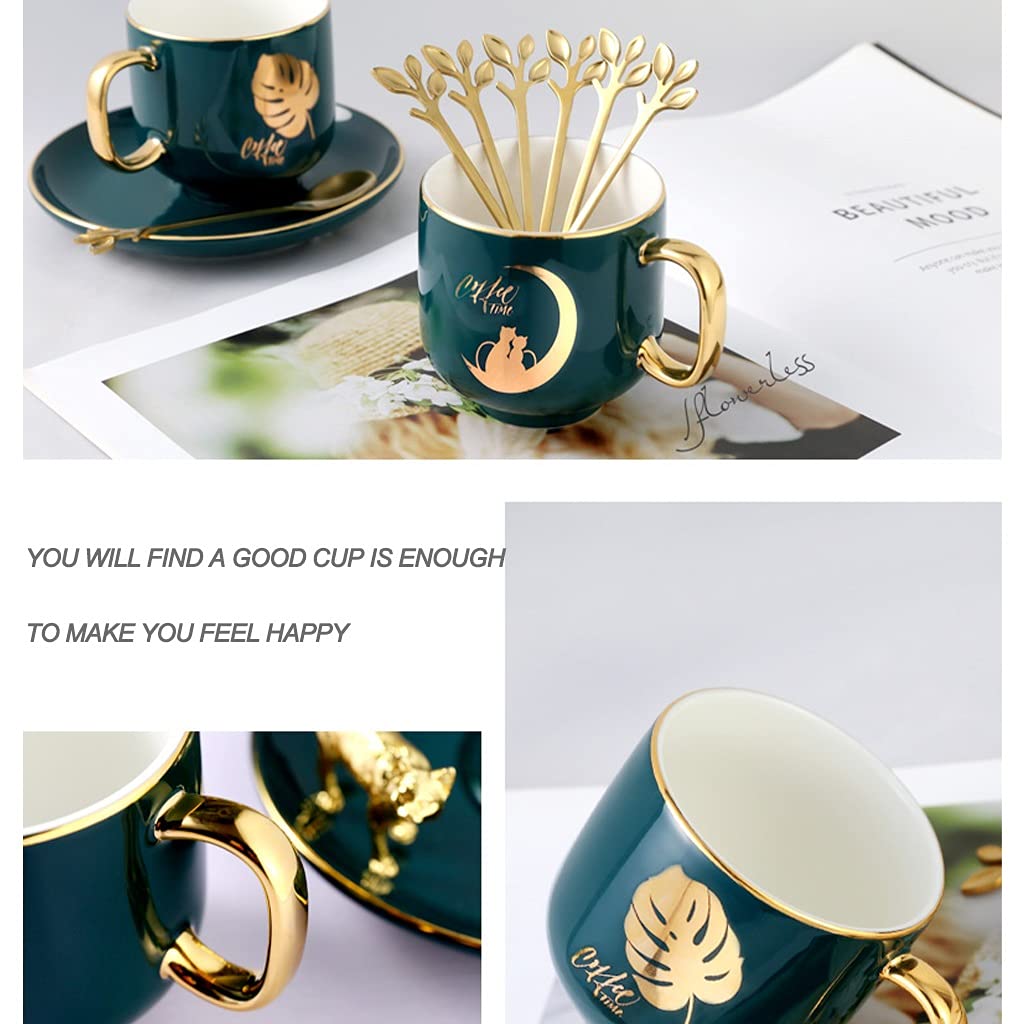 Porcelana Taza de té y Platillo Conjunto Taza de Café, 6 oz Taza de Taza de café con platillo para Latte, Café, té, Porcelana de Primera Calidad Patrón de Hoja de rima de Oro Hecho a Mano.