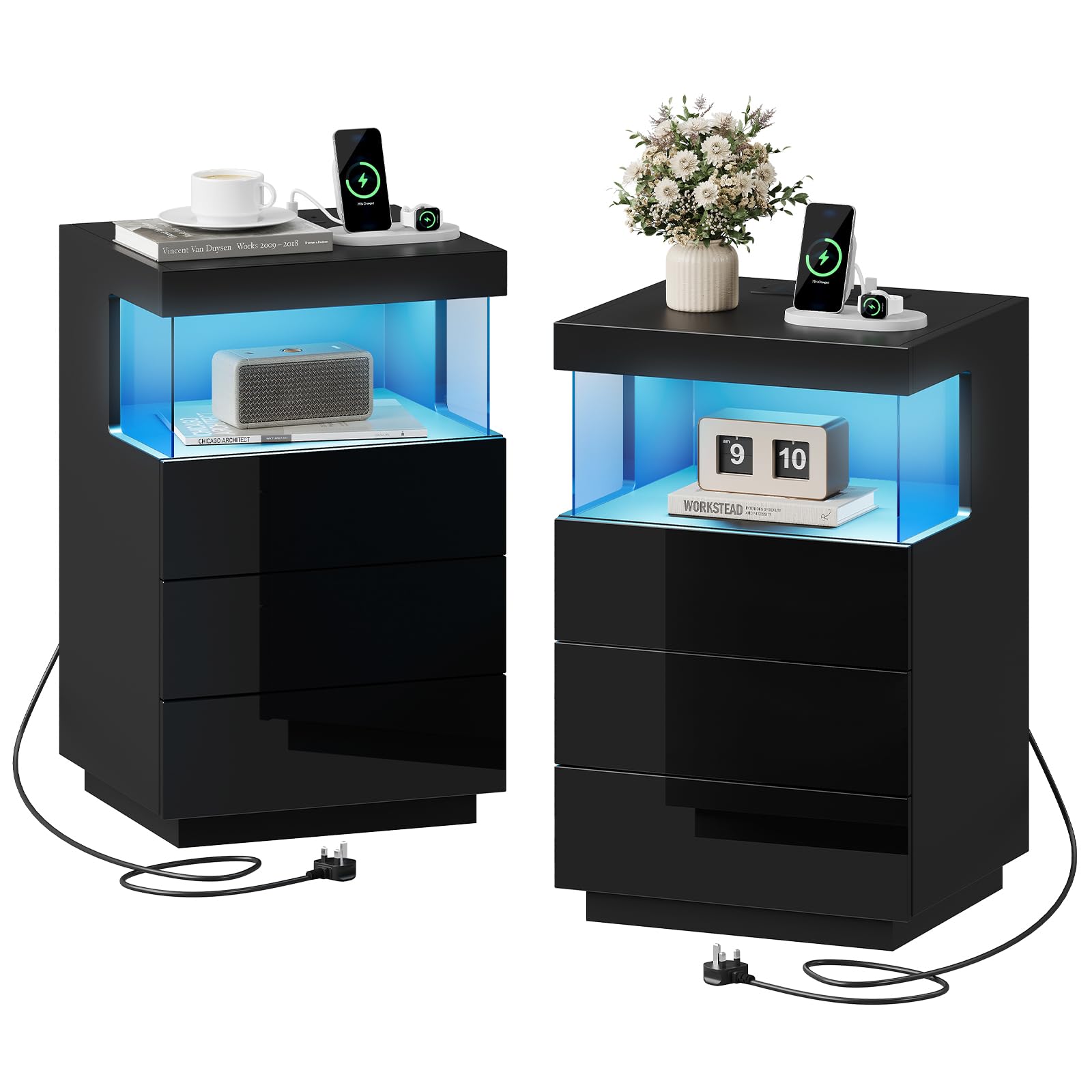 Dripex Bedside Table Set of 2 with Charging Station - High Gloss Side Table with 3 Drawers, Adjustable LED Lights, 2 AC Outlets & 2 USB Ports, Bedside Cabinet for Bedroom, Living Room, Office (Black)