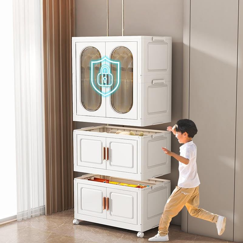 Image of EXVITO Modular Plastic Wardrobe for Bedroom | 1 Tier+3 Bins Foldable Cupboard with Hanging Rod | Stackable Storage Almirah for Clothes with Wheels | Multi-Layer Plastic Storage Cabinet - (White)