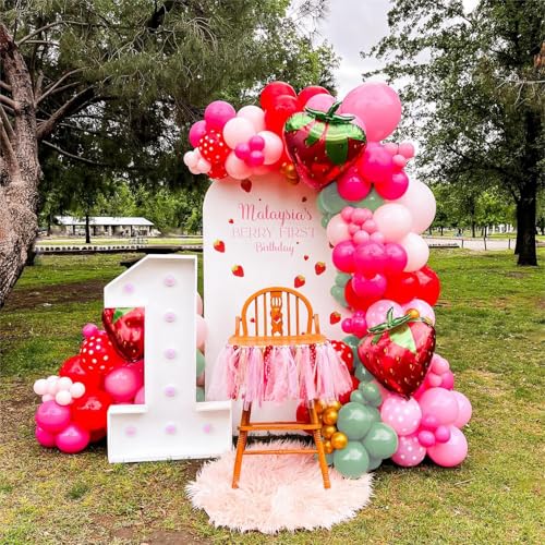 Image of JOGAMS 172Pcs Strawberry Balloon Arch Garland Kit with Pearl Pink Dusty Green Foil Balloons for Berry First Sweet One Strawberry Theme Birthday Baby Shower Party Decorations for Girls
