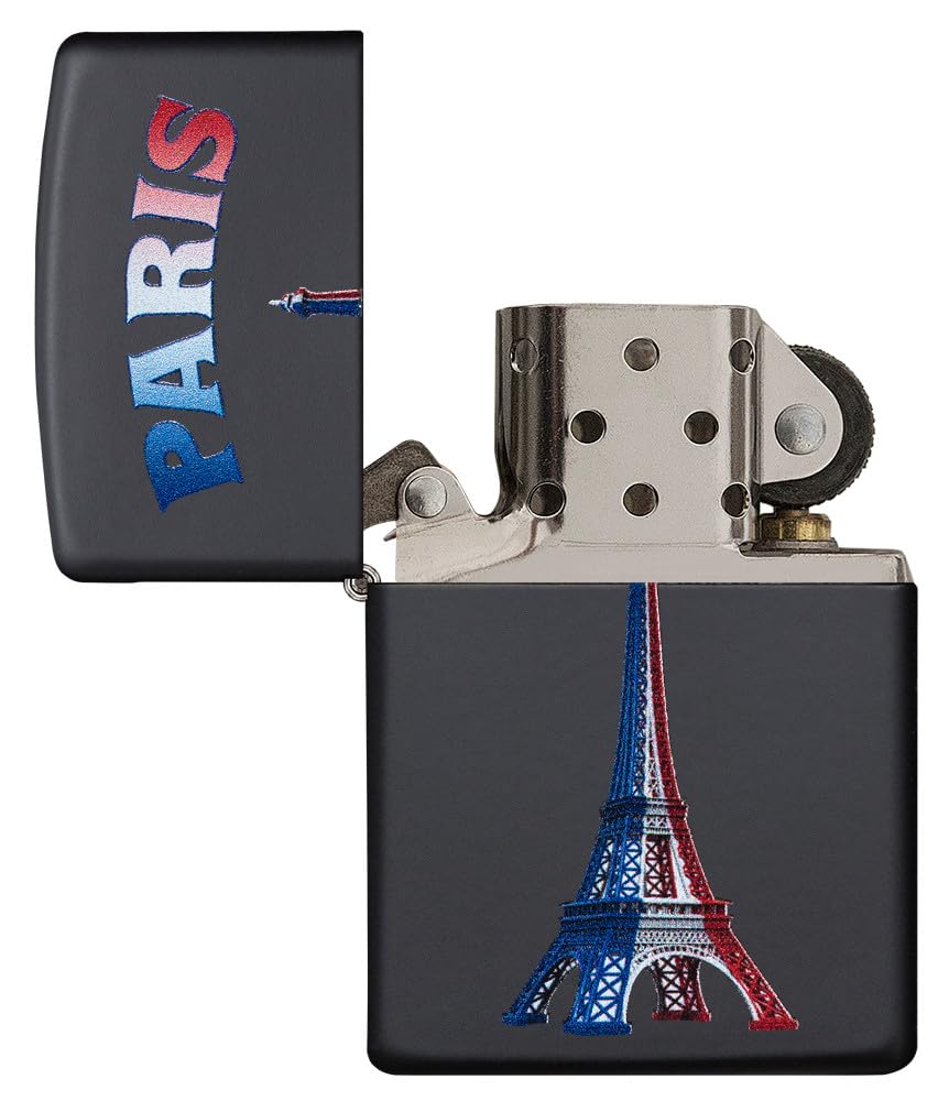 Zippo Sturmfeuerzeug - Paris Eiffel Tower Flag, Black Matte, Color Image - Nachfüllbar - Wiederverwendbar - Windfestes Design - Geschenkbox - Made in USA