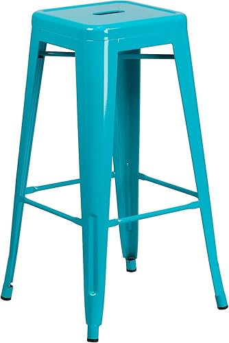 Miniatura 12 de Flash Furniture - Taburete de bar de grado comercial de 30 pulgadas de alto, sin respaldo, de metal azul para interior/exterior con asiento cuadrado