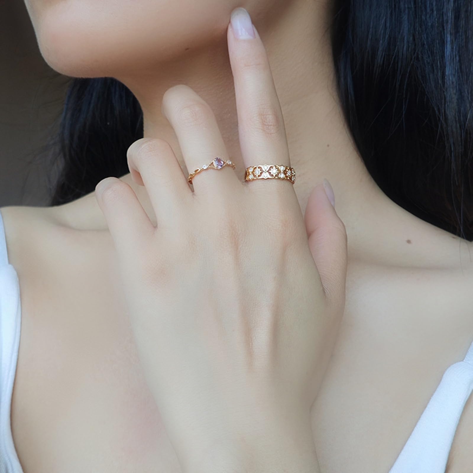 Anillo apilable de oro de 9 K/14 K/18 K, fino, vintage, calado, amatista, topacio, anillo de compromiso, joyas de oro real para mujer,