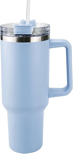 Vaso de 40 onzas con asa y pajita, taza de viaje de café para regalo, apto para portavasos y aislamiento a largo plazo, color azul