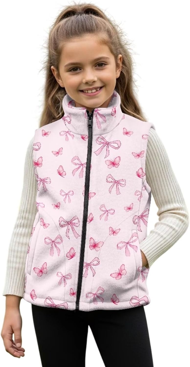 Girls Fleece Vest with Pockets, Vests Outerwear Full Zipper for Kids, Stand-up Collar Sleeveless Tops