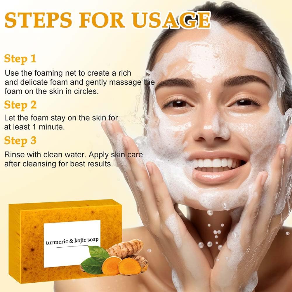 Juego de tres piezas de lavado y cuidado de cúrcuma, limpiador facial Tuemeric y barra de jabón de cúrcuma y almohadillas de cúrcuma, limpiador facial y corporal, juego de cuidado de la piel de 8