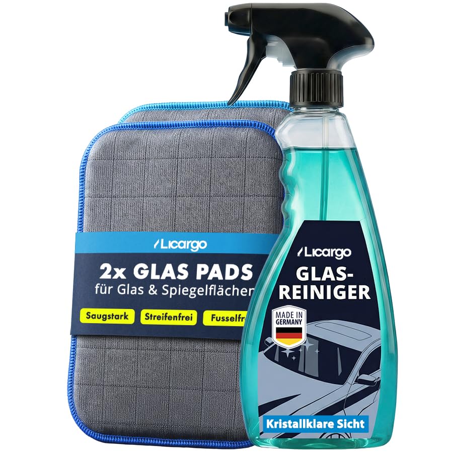 LICARGO® Scheiben Set Pads - 2X Glas & Scheiben Pads + Glasreiniger (750ml) - für streifenfreie Scheiben - kraftvoller Auto Scheibenreiniger innen und außen