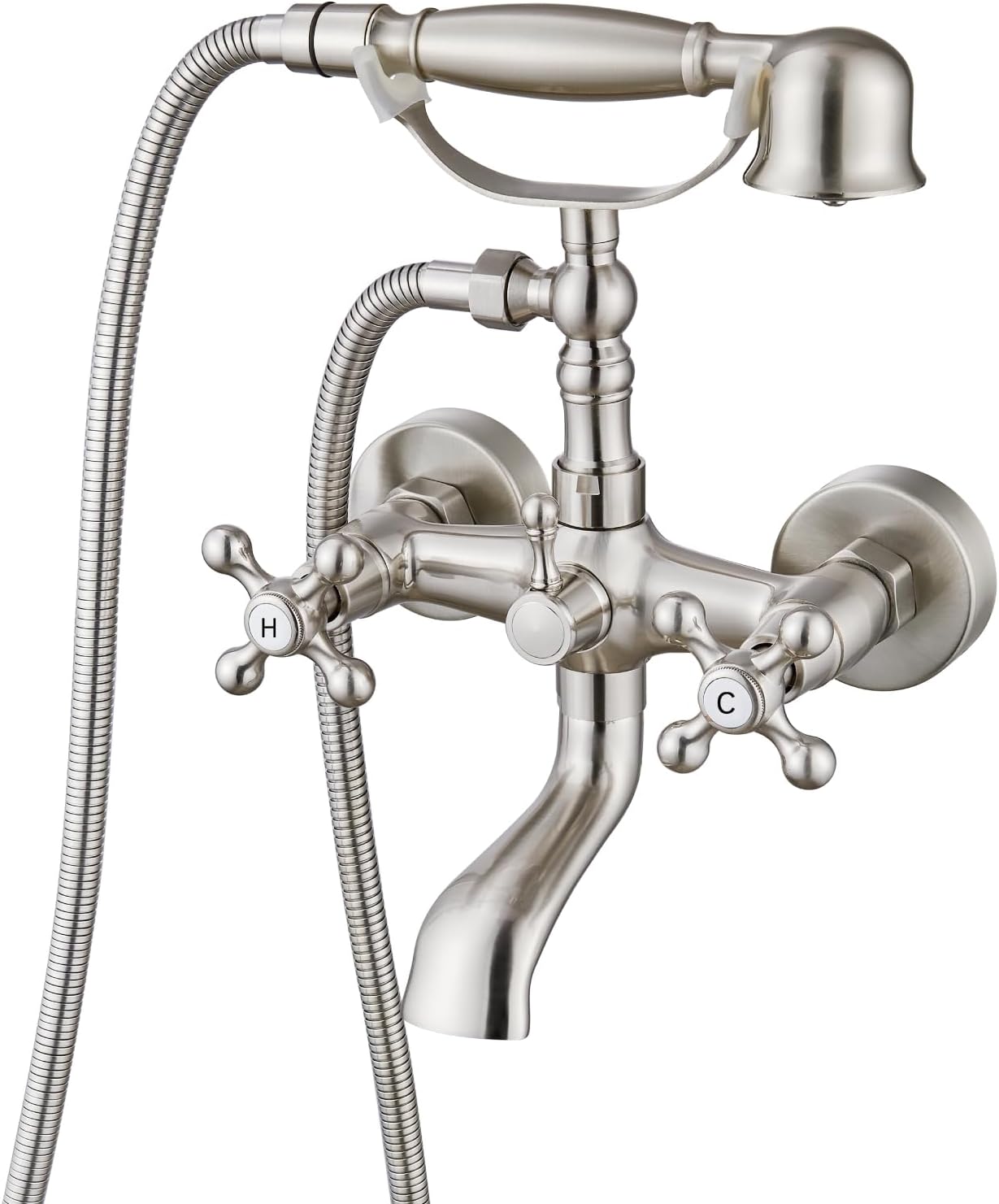 Brushed Nickel Wall-Mounted Clawfoot Tub Faucet with Handheld Shower