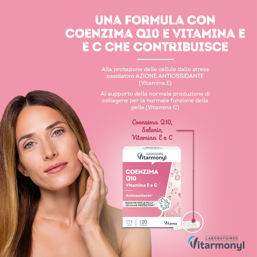 Coenzima Q10 con Vitamina E e C - Integratore Antiossidante per la Pelle e Protezione Cellulare - Benessere della Pelle - 20 Capsule - Vitarmonyl