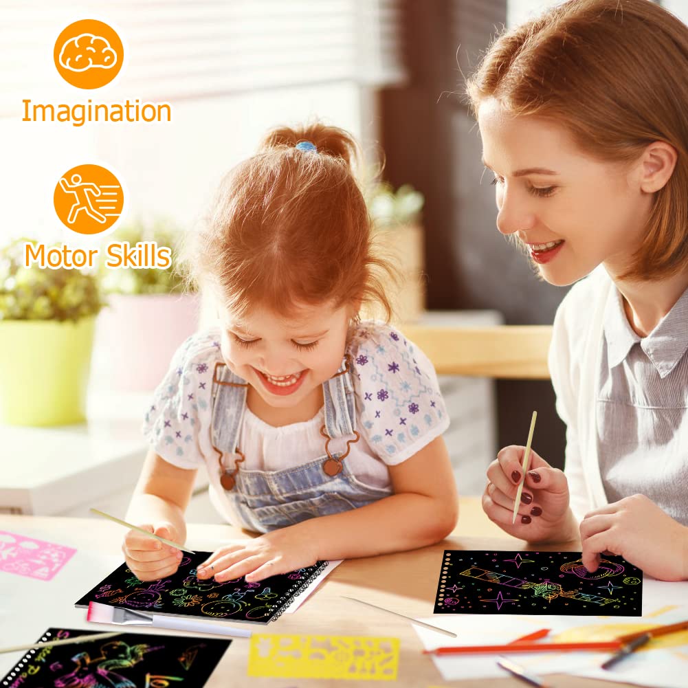 OFFCUP Carte à Gratter 2 Pack Scratch Art Notes Dessin pour Enfant avec 4 Règles de Gabarit et 4 Stylets en Bois 14x20cm