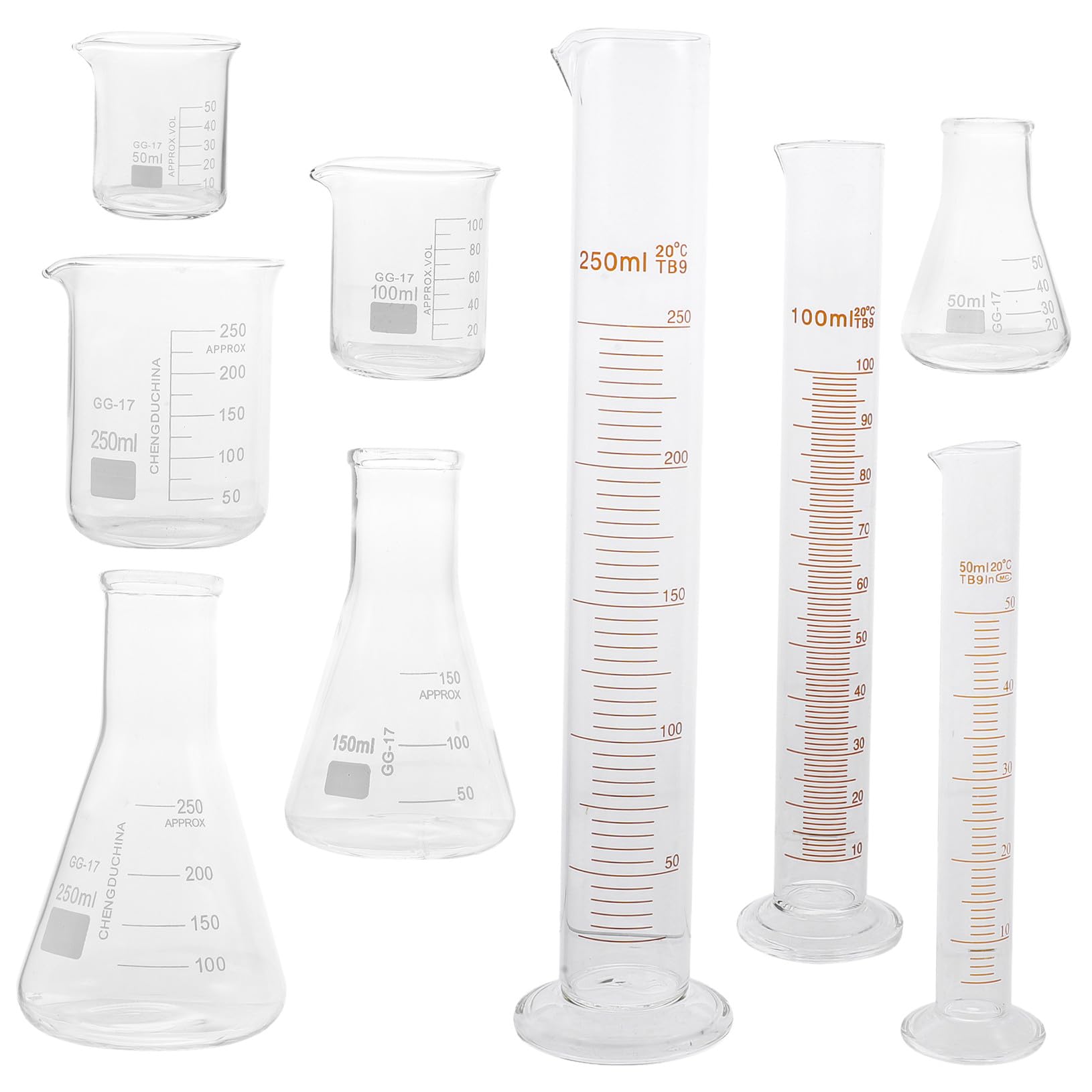 Cabilock 9piezas Cristalería Para Laboratorio Incluye Vaso Medidor Graduado Matraz Erlenmeyer y Probetas Para Experimentos Científicos Casa o Escuela