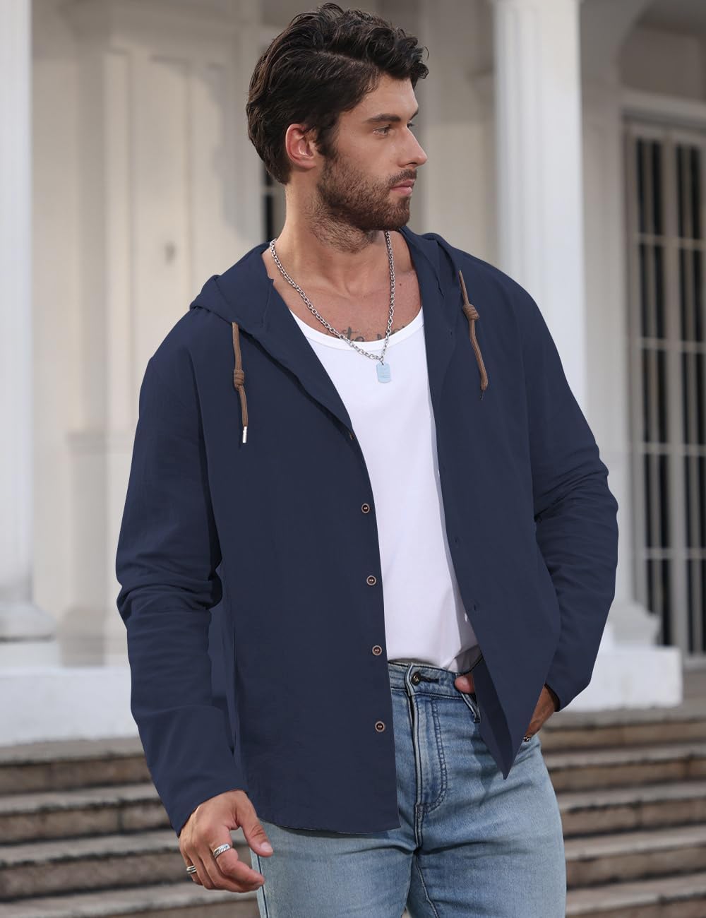 Mens Cotton Linen Button Down Hoodies Long Sleeve Casual Hoodies Hawaiian Beach Top Lightweight Fashion Shirts - Image 3