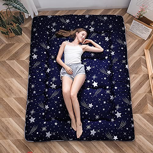 Image of MAXYOYO Navy Starry Sky Japanese Floor Futon Mattress, Tatami Mat Portable Camping Mattress Kids Sleeping Pad Foldable Roll Up Floor Lounger Couch, King Size