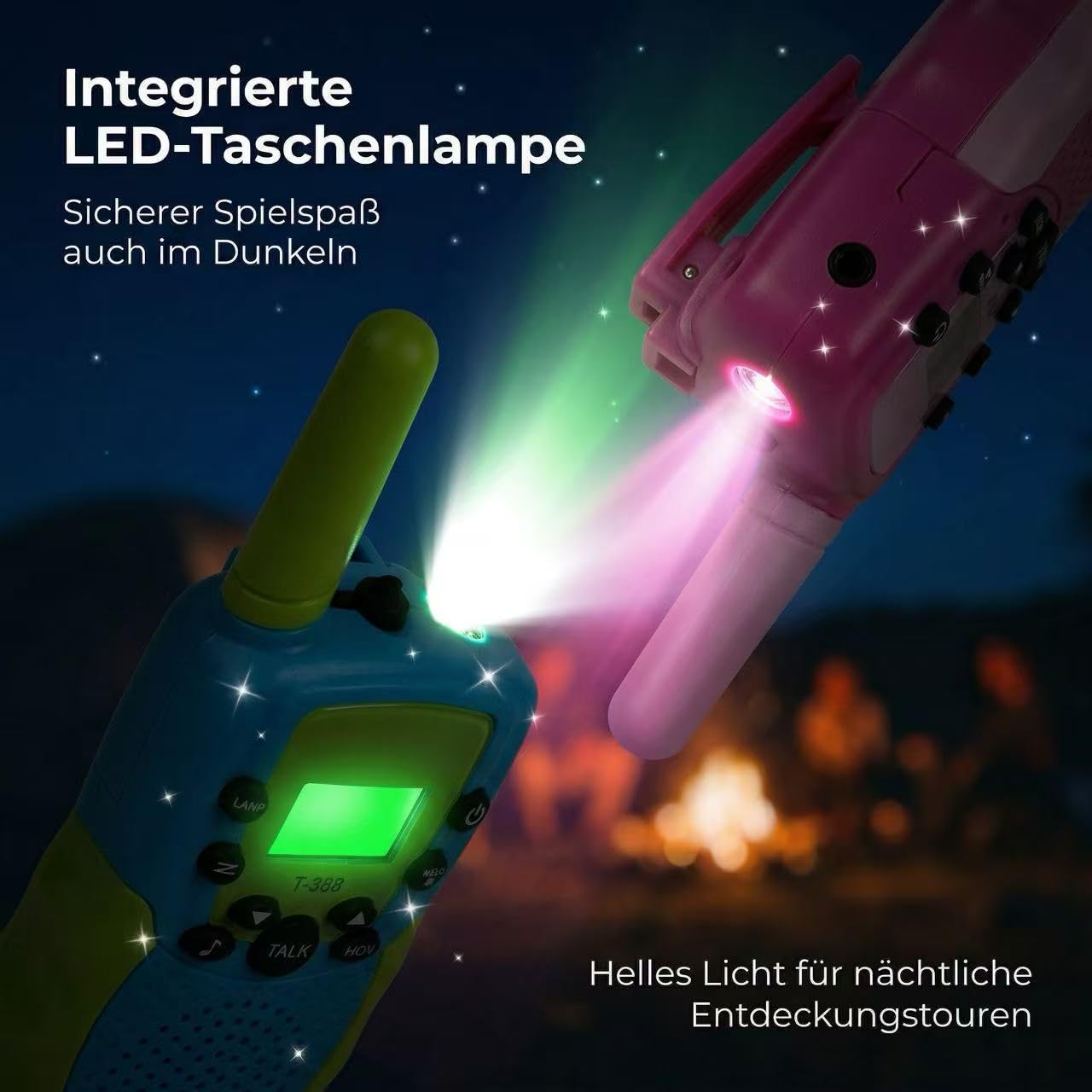 Kinder Walkie Talkies 2er, geeignet für Jungen und Mädchen, Reichweite 3 km, VOX und LED-Taschenlampe, Outdoor-Camping-Abenteuer-Spielzeug, Blau-Grün & Pink-Rot