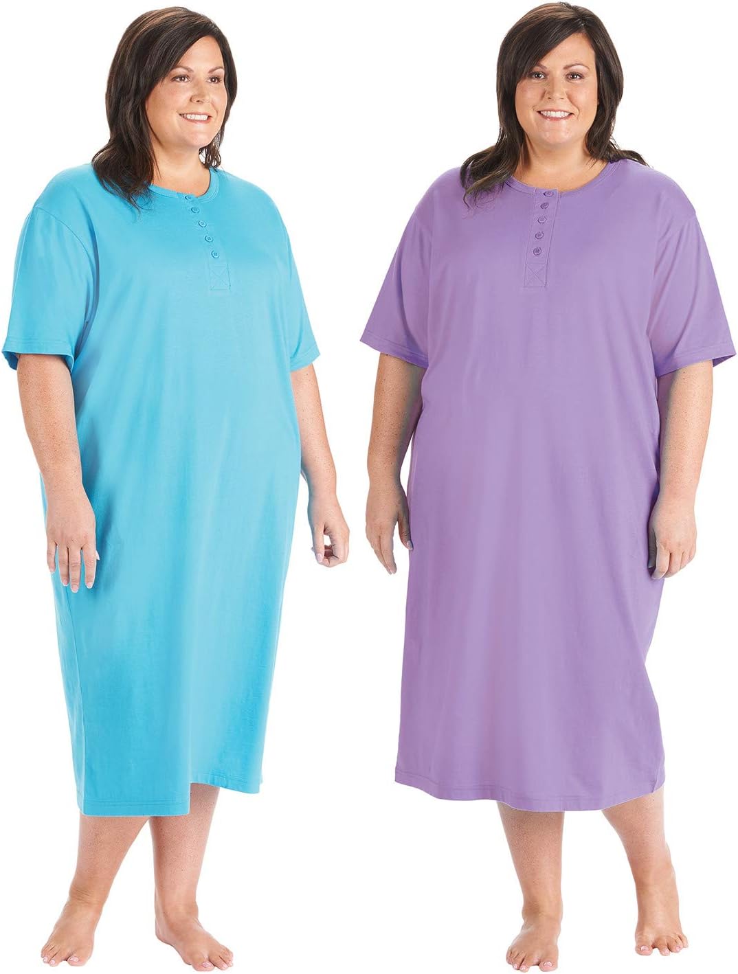 CATALOG CLASSICS Women's 2-Pack Long Henley Nightshirts - Set of 2 Pajama Sleep Shirt Loungers, Purple/Turquoise, Plus (Size 20-28), 48" L